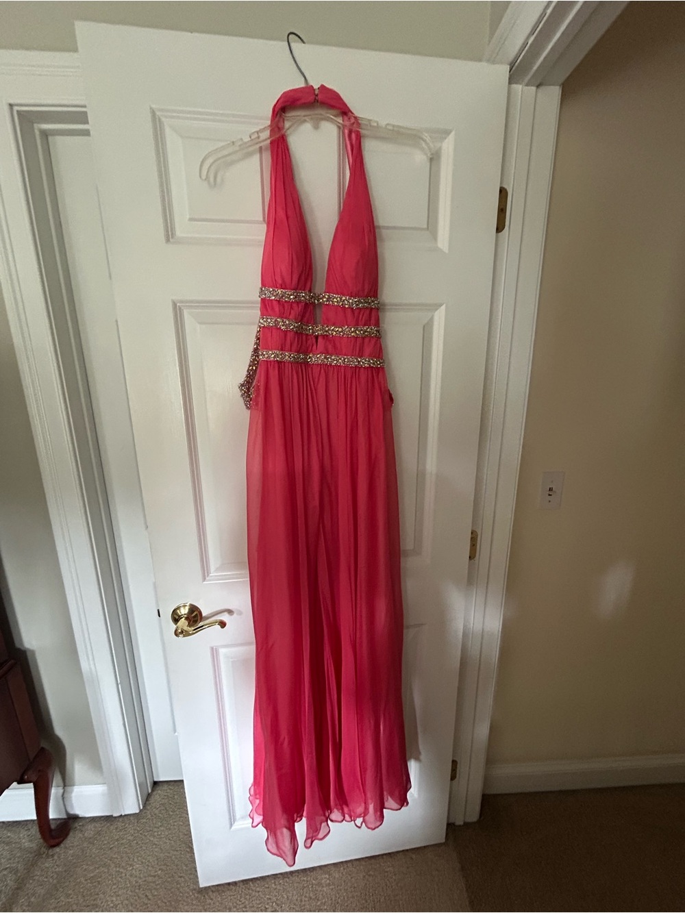 Cache Halter Prom Dress in Bright Pink with Jeweled Waistbands